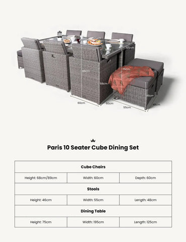 Paris 10 seater cube dining set with rattan chairs, stools, and glass-top table, dimensions shown