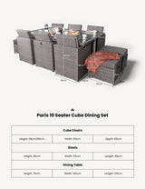 Paris 10 seater cube dining set with rattan chairs, stools, and glass-top table, dimensions shown