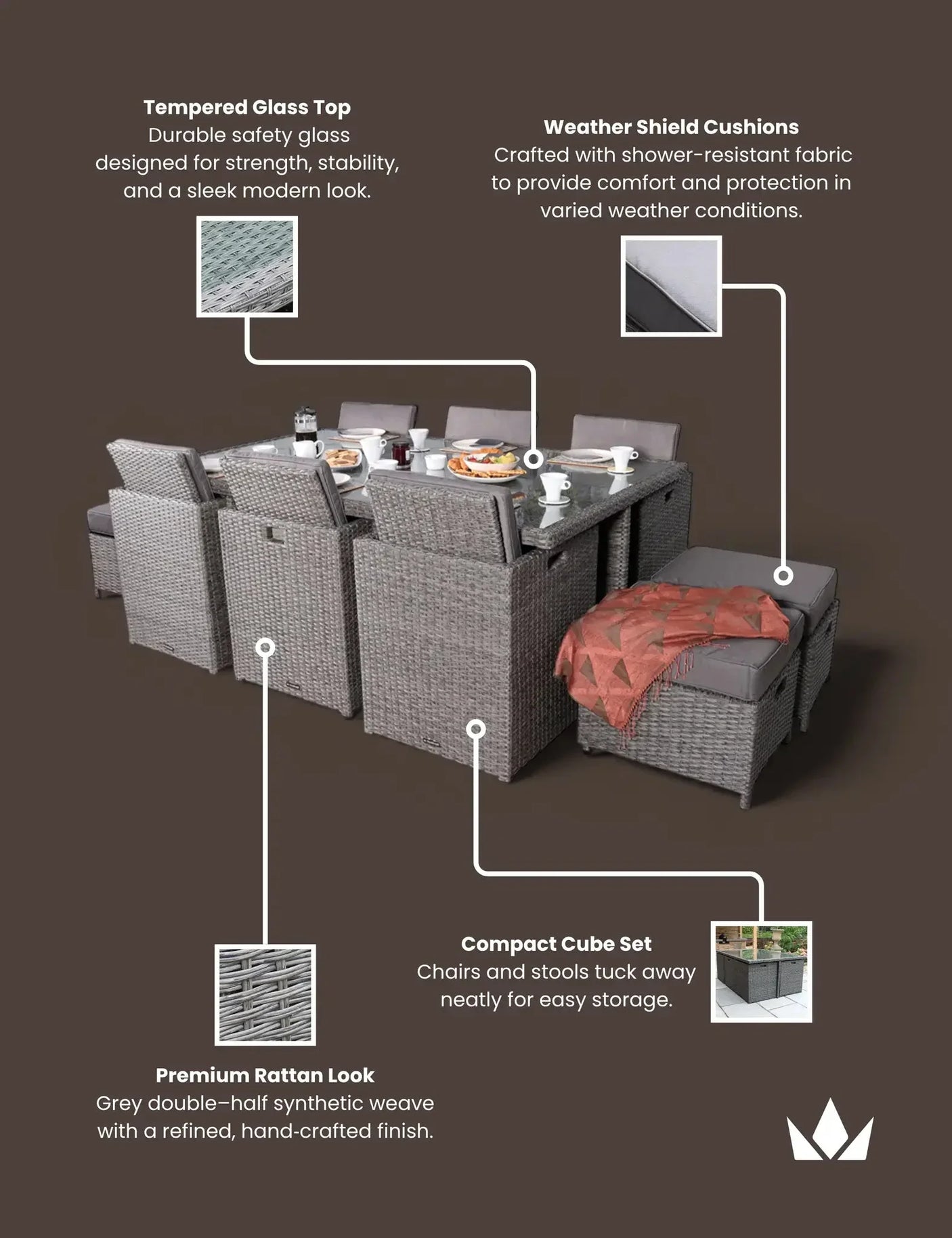 Grey rattan garden dining set with glass table top, weatherproof cushions, and cube storage