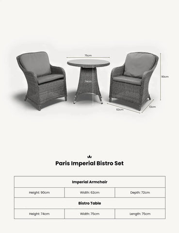 Paris Imperial bistro set with two grey rattan armchairs and round table, dimensions shown