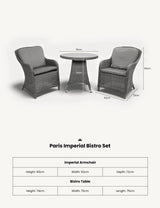 Paris Imperial bistro set with two grey rattan armchairs and round table, dimensions shown