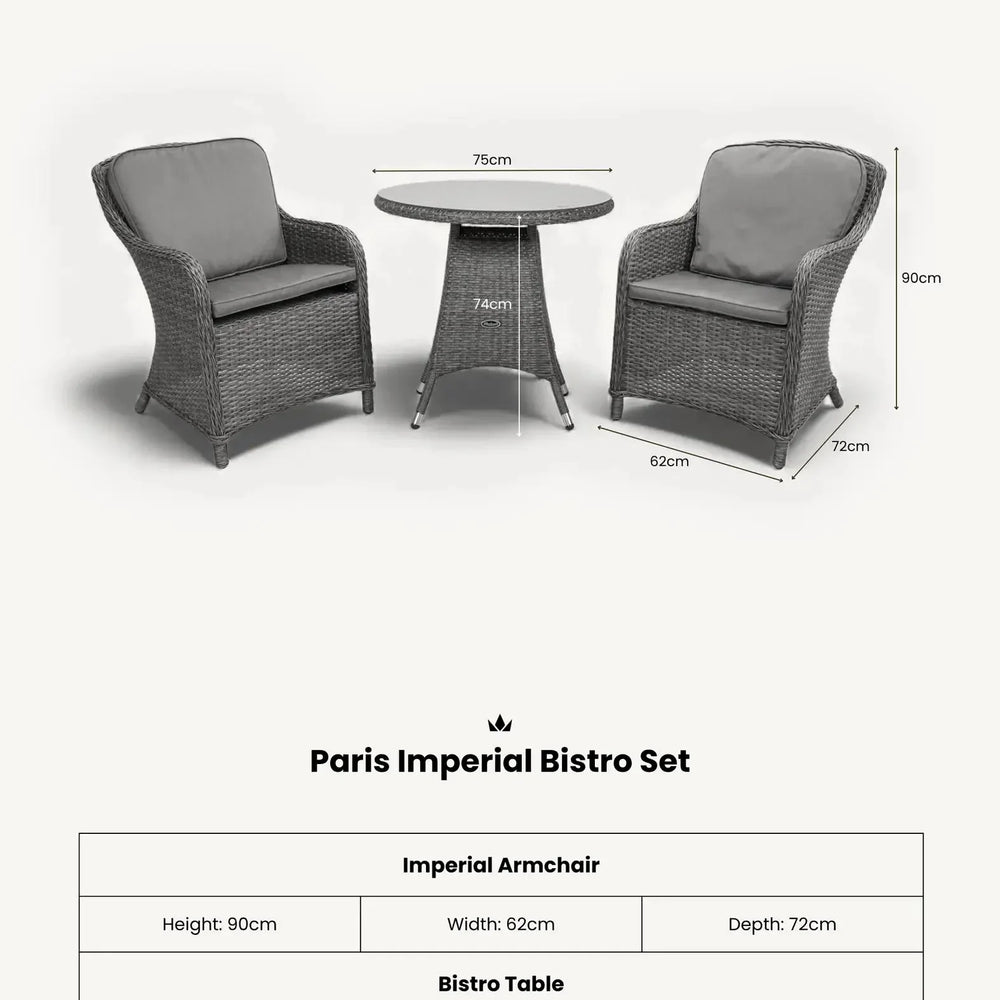 Grey rattan bistro set with two cushioned armchairs and round table, size dimensions shown