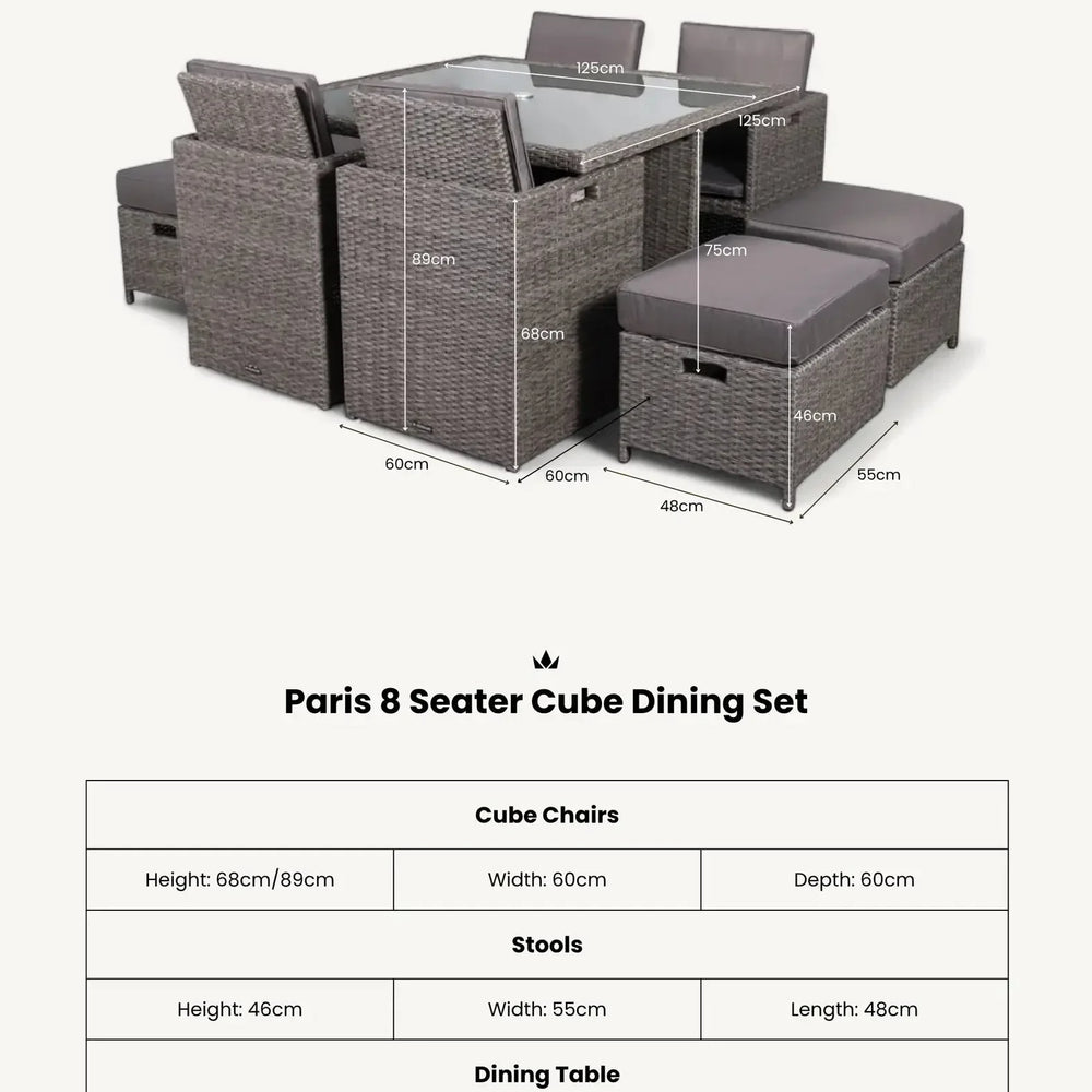 Paris 8 seater cube dining set in grey rattan with glass top table, chairs and stools, measurements shown