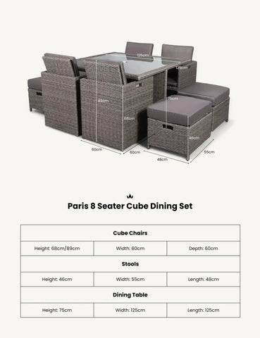 Paris 8 seater cube dining set in grey rattan with glass top table, chairs and stools, measurements shown