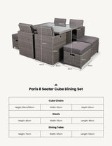 Paris 8 seater cube dining set in grey rattan with glass top table, chairs and stools, measurements shown