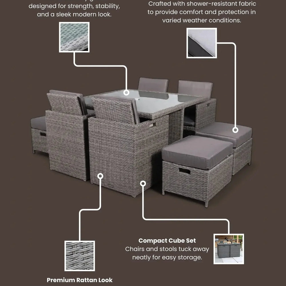 Grey rattan cube dining set with tempered glass table top and weather shield cushions