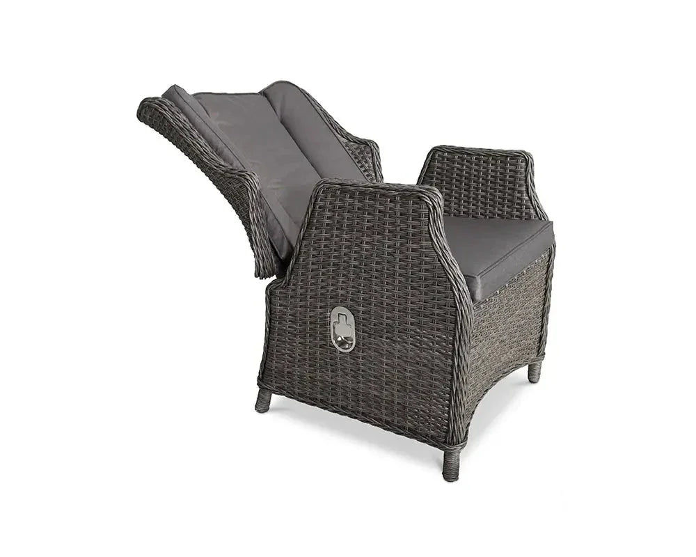 Grey rattan recliner garden chair with padded seat and backrest, shown side view