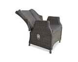 Grey rattan recliner garden chair with padded seat and backrest, shown side view