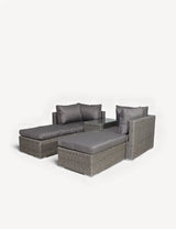 Grey rattan garden sofa set with two loungers and padded seat cushions
