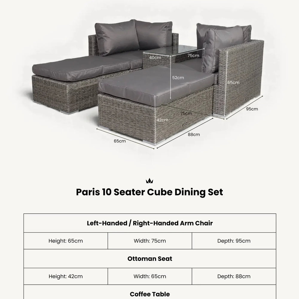 Paris 10 seater cube dining set with grey rattan chairs, ottoman, and glass coffee table