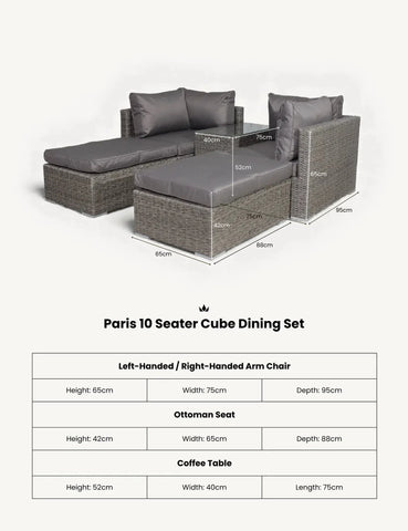 Paris 10 seater cube dining set with grey rattan chairs, ottoman, and glass coffee table