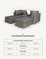 Paris 10 seater cube dining set with grey rattan chairs, ottoman, and glass coffee table