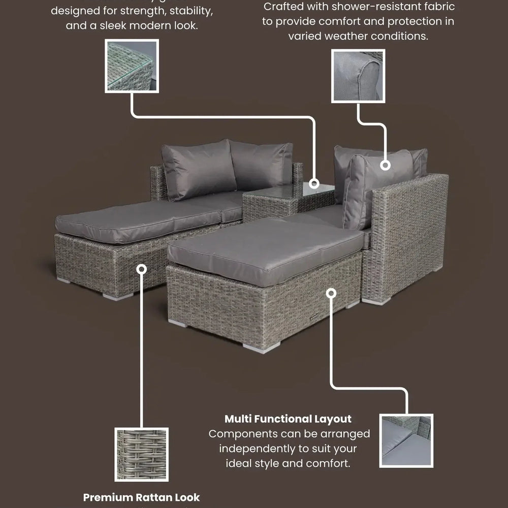 Grey rattan garden sofa set with weather-resistant cushions and tempered glass table top