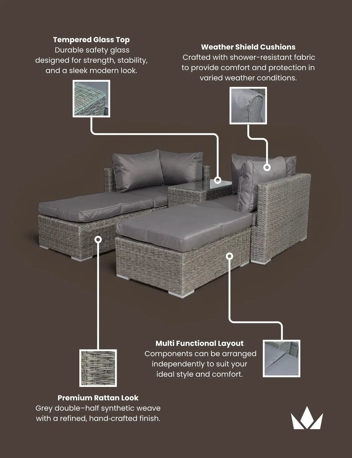 Grey rattan garden sofa set with weather-resistant cushions and tempered glass table top