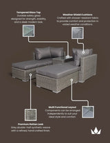 Grey rattan garden sofa set with weather-resistant cushions and tempered glass table top