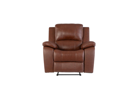 Dark tan leather recliner armchair with plush cushions, front view, isolated on white