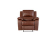 Dark tan leather recliner armchair with plush cushions, front view, isolated on white