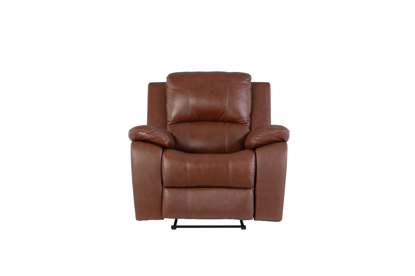 Dark tan leather recliner armchair with plush cushions, front view, isolated on white