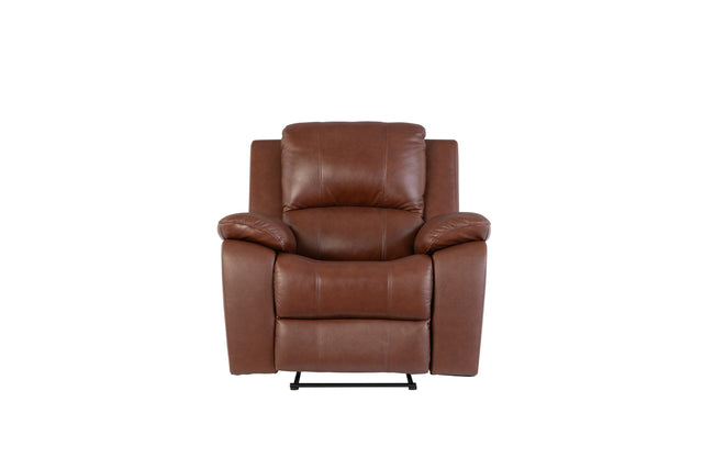 Dark tan leather recliner armchair with plush cushions, front view, isolated on white