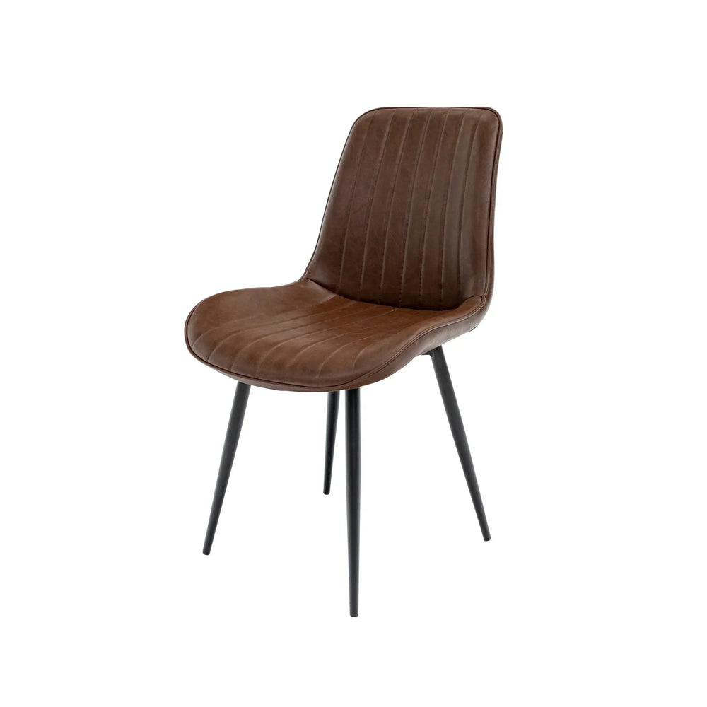 Brown leather dining chair with black metal legs, front angle view