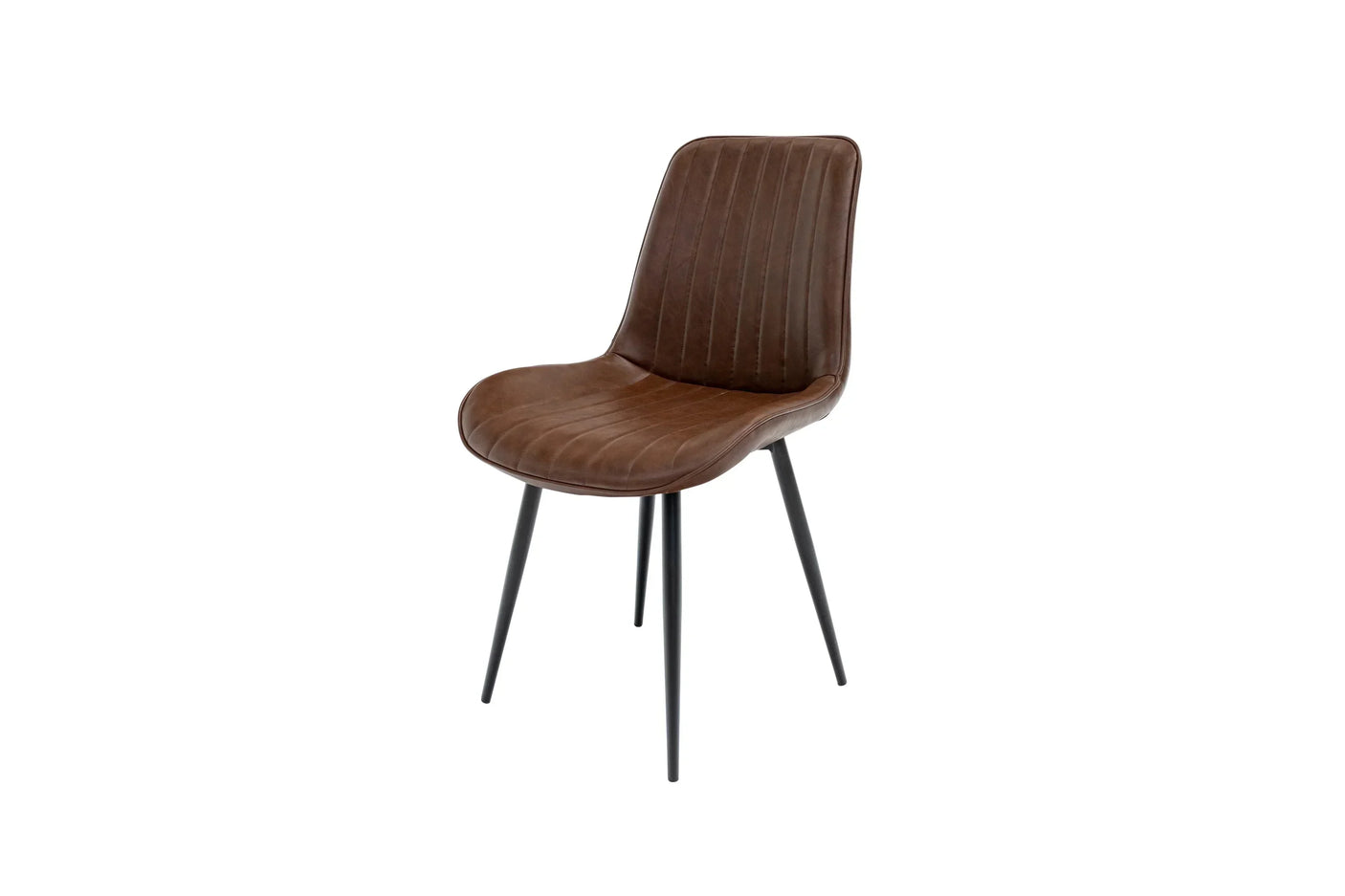 Brown leather dining chair with black metal legs, front angle view