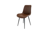 Brown leather dining chair with black metal legs, front angle view