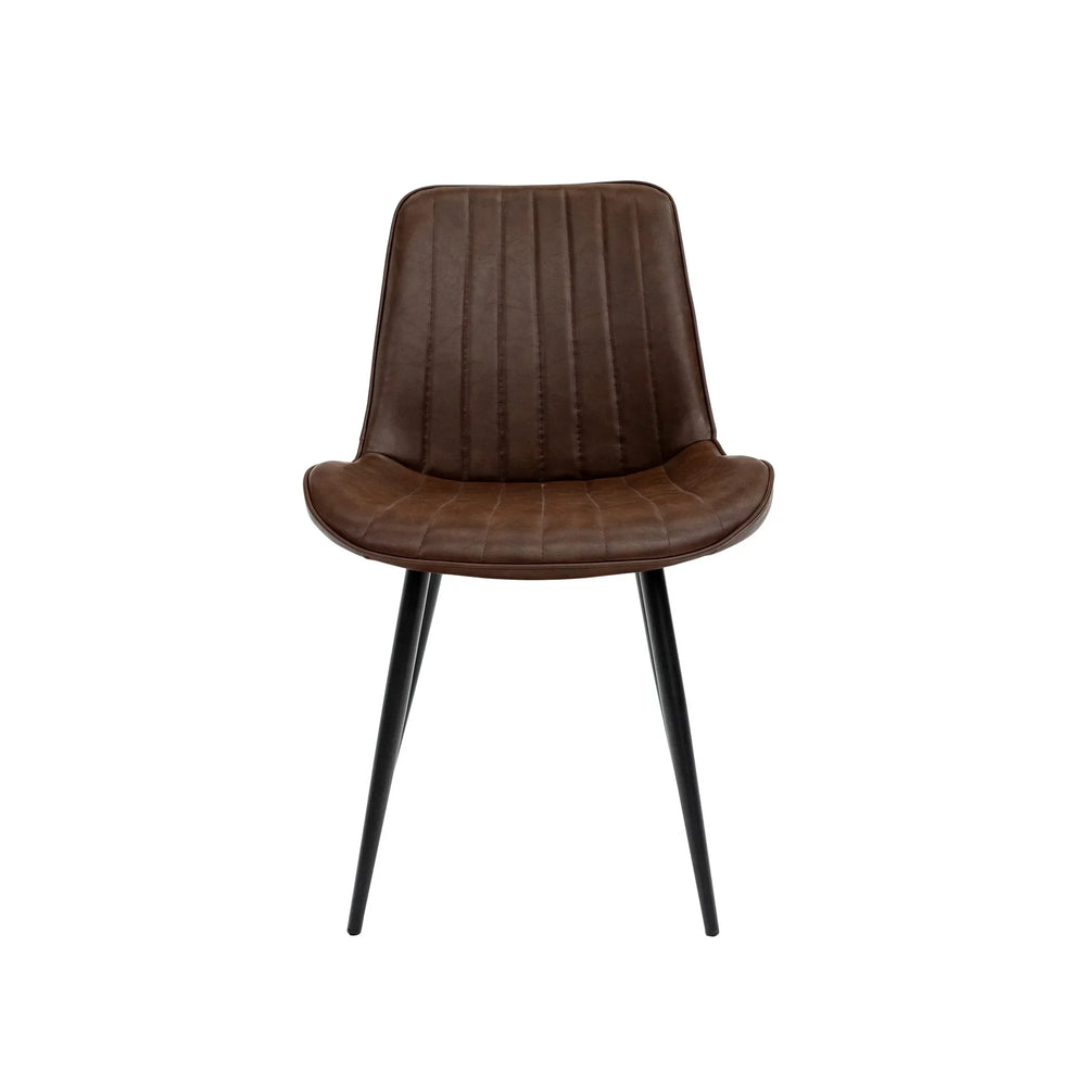 Brown faux leather dining chair with vertical stitching and black metal legs, front view