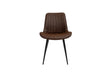 Brown faux leather dining chair with vertical stitching and black metal legs, front view