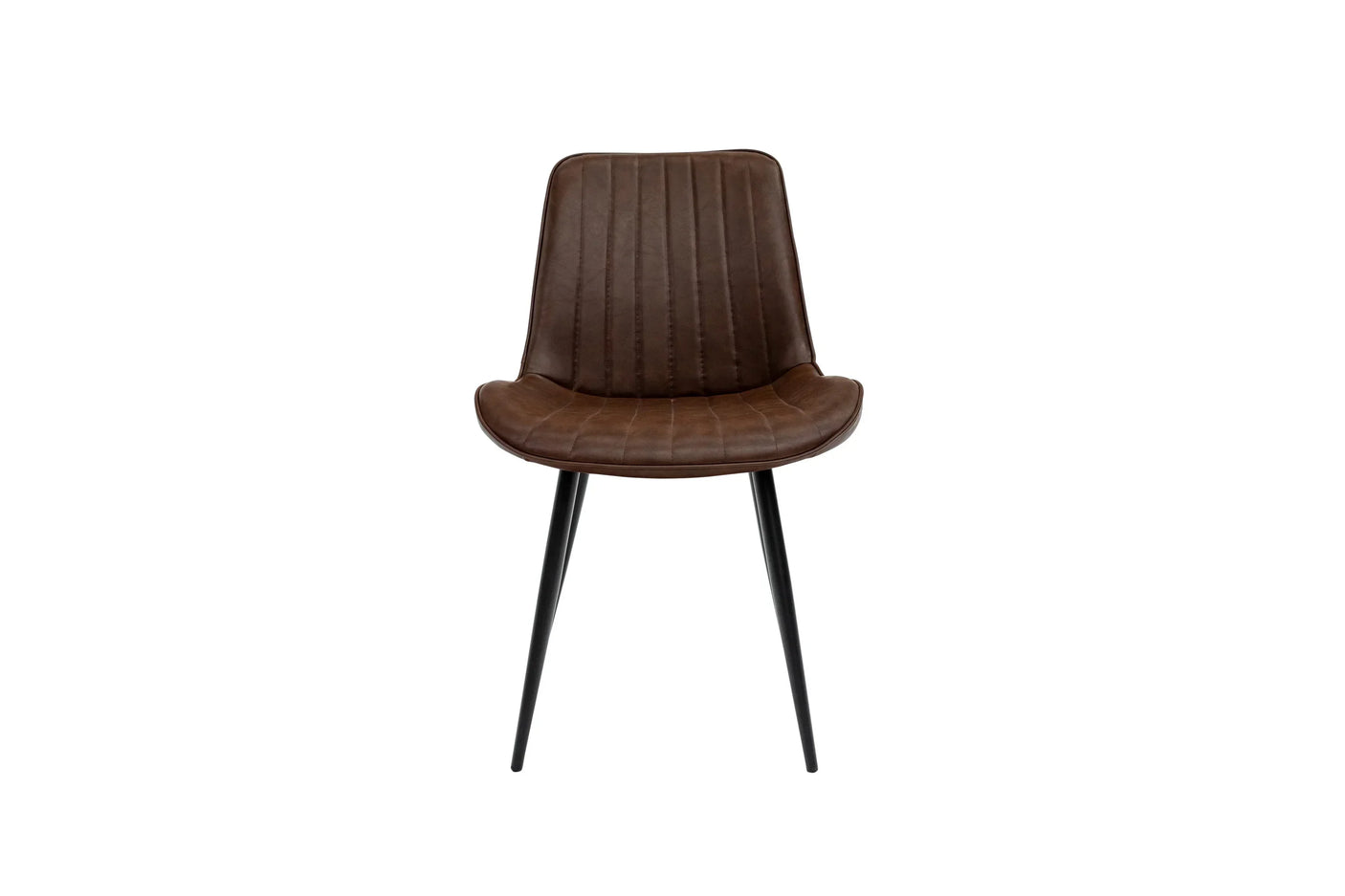Brown faux leather dining chair with vertical stitching and black metal legs, front view