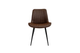 Brown faux leather dining chair with vertical stitching and black metal legs, front view