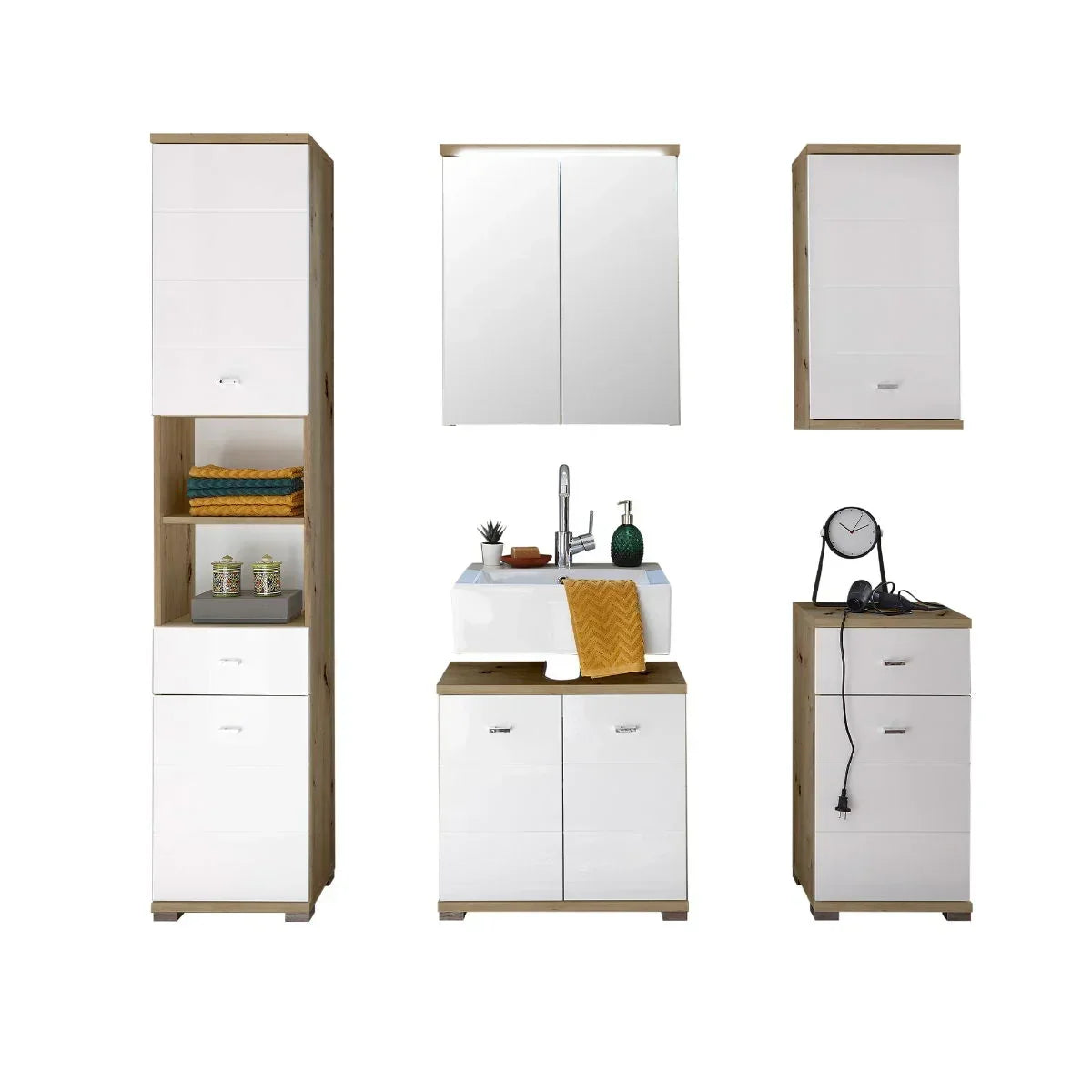 White gloss and oak bathroom storage units with sink cabinet, shelves, mirror and drawers