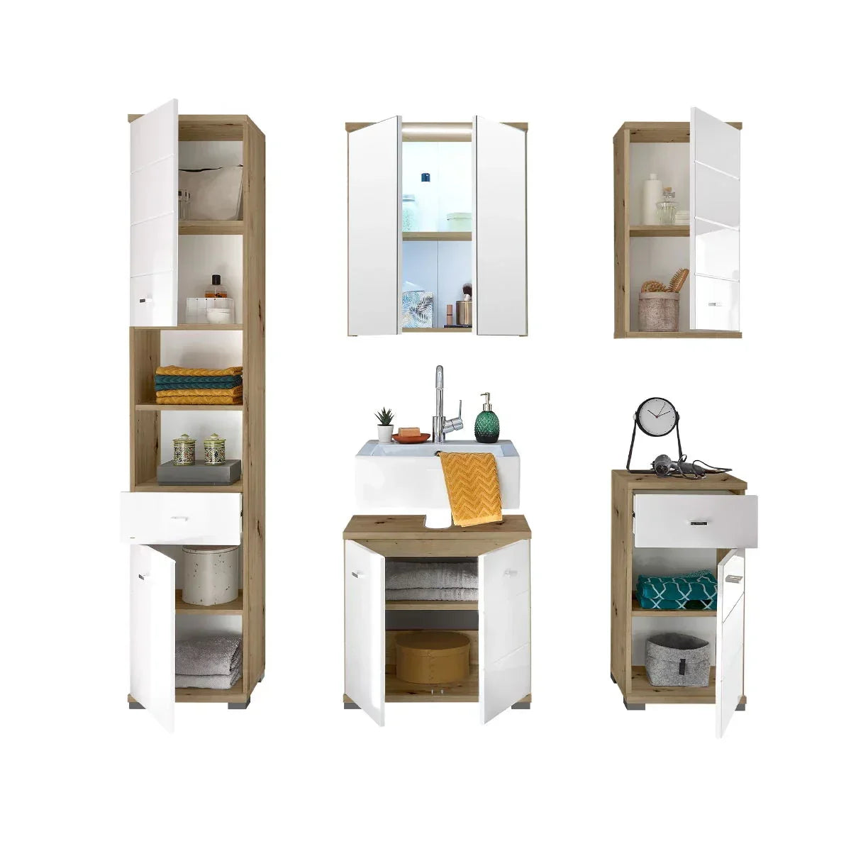 White and wood bathroom storage units with open shelves, cabinets, and drawer details