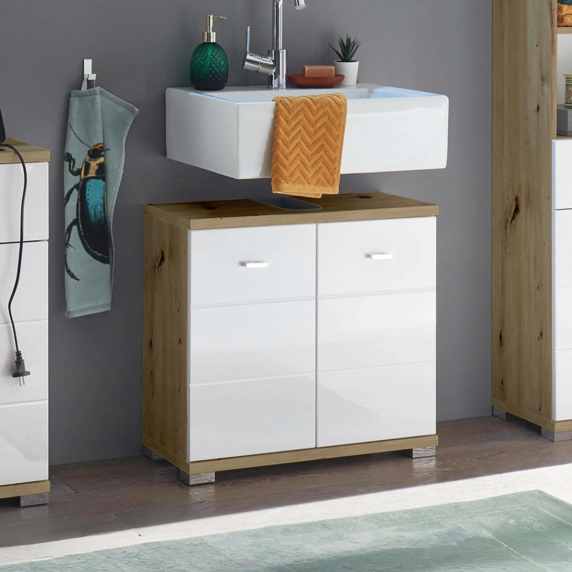Gloss white and oak bathroom cabinet with double doors under wall-mounted sink