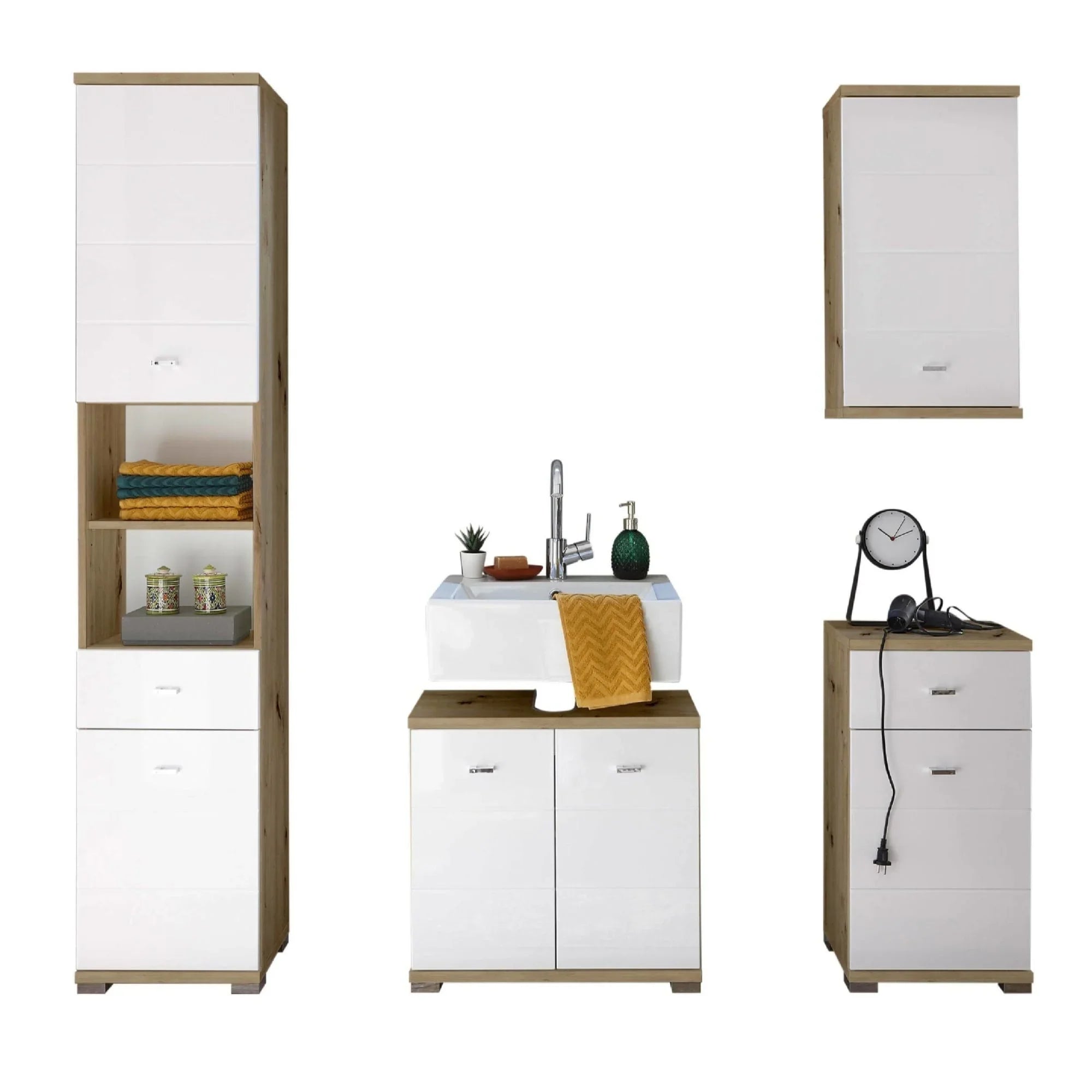White gloss bathroom furniture set with oak effect, includes tall cabinet, vanity unit, wall cabinet