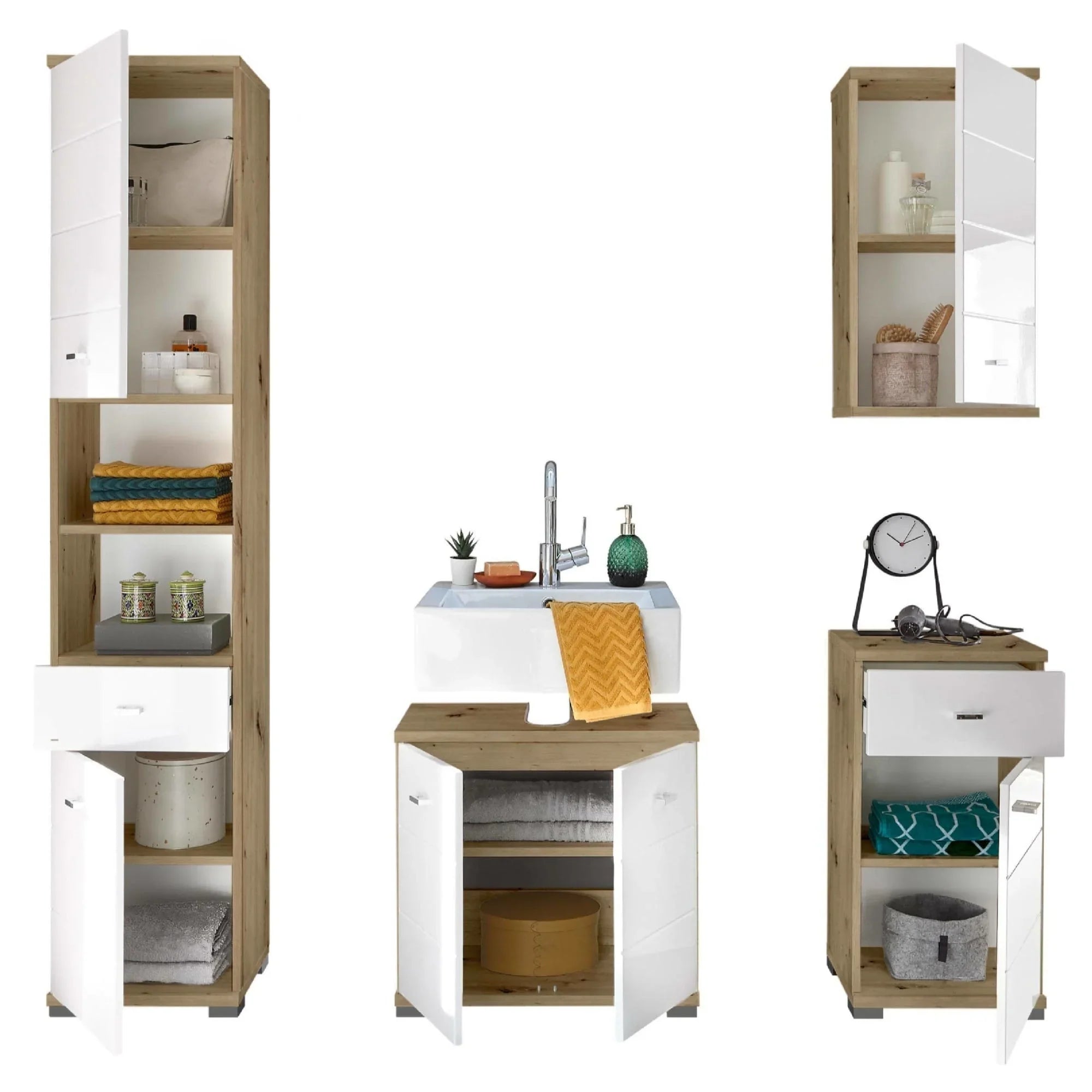 Modern bathroom furniture set with wood and white cabinets, open doors, shelving and sink