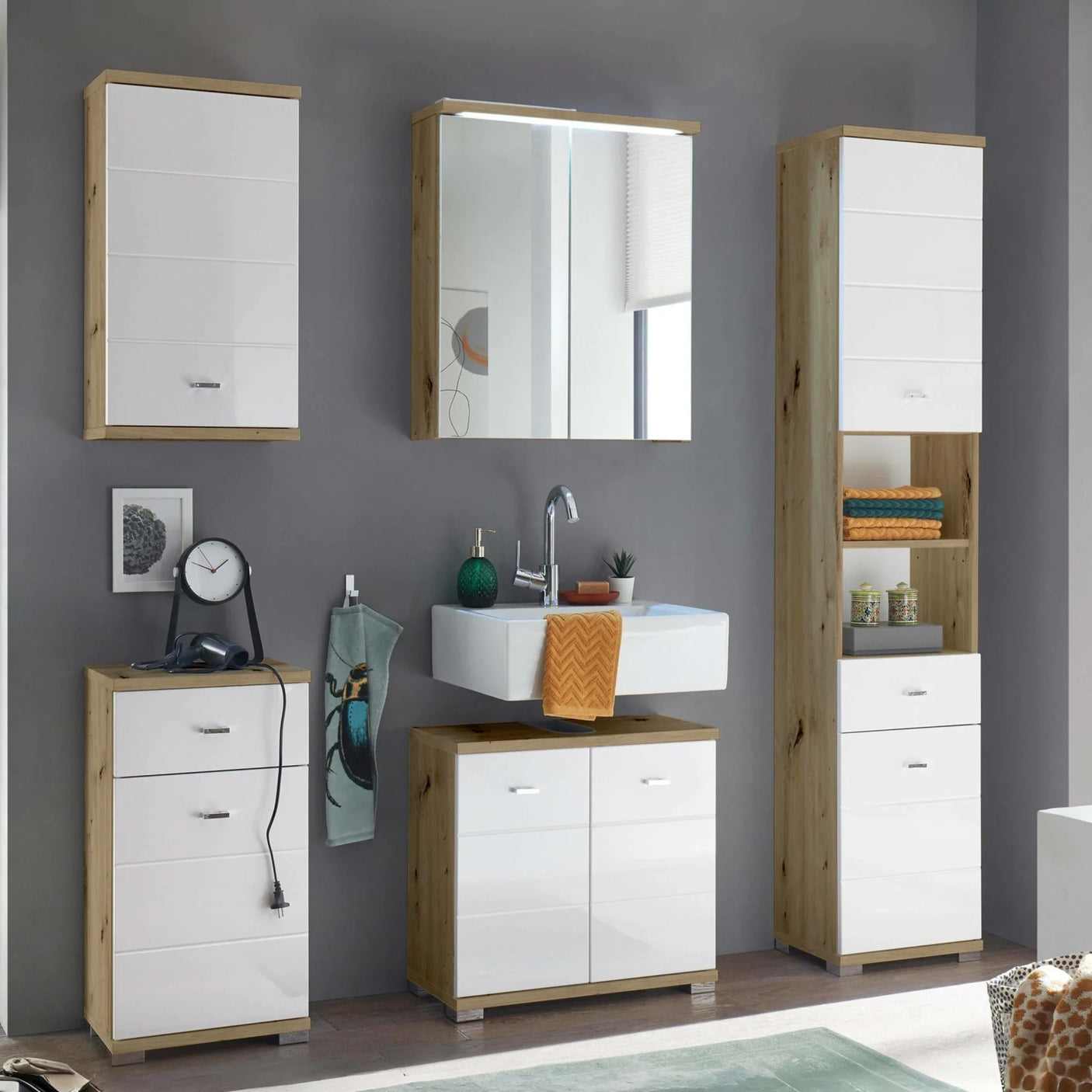 White gloss and oak bathroom furniture set with vanity unit, tall cabinet and wall cupboards