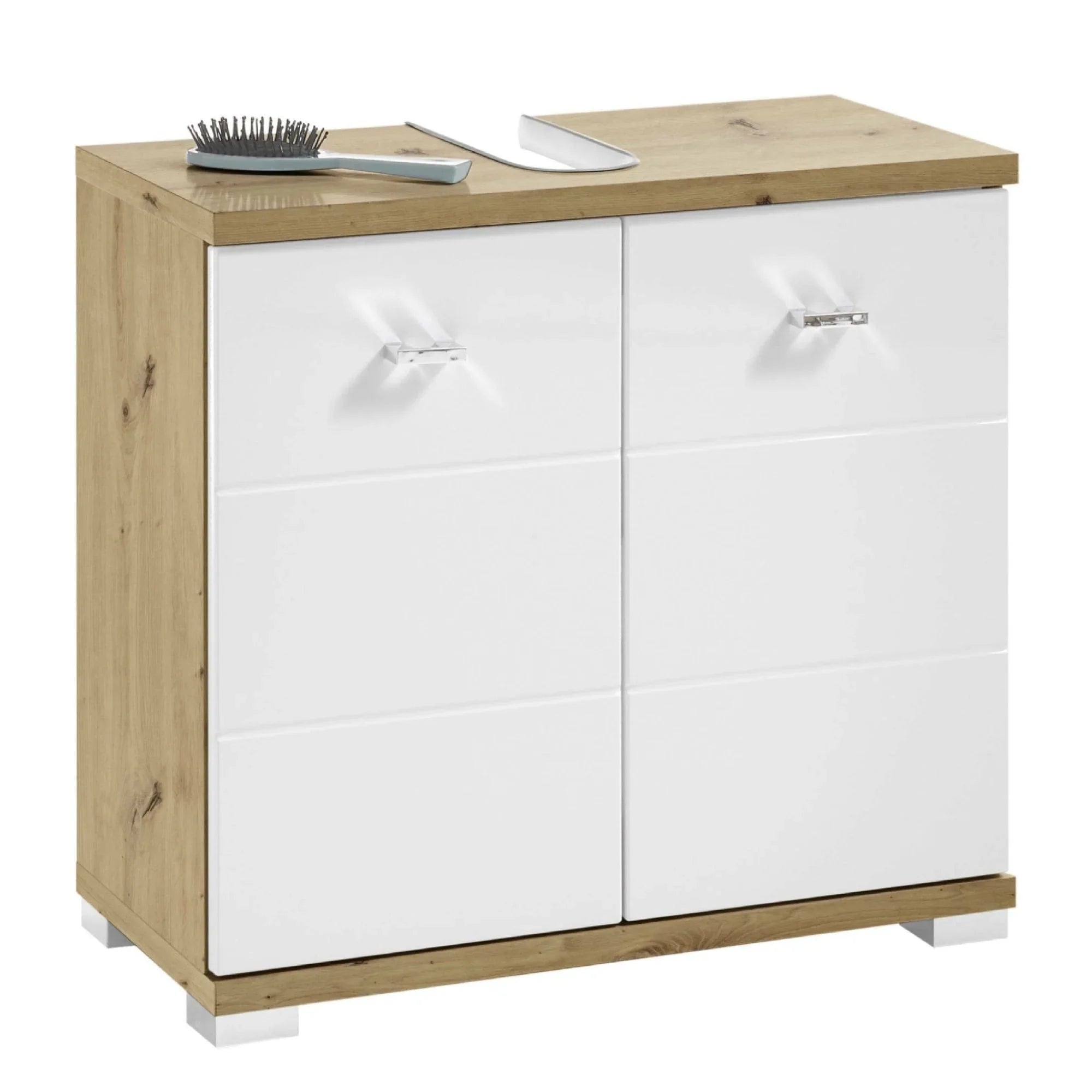 White gloss and oak bathroom cabinet with chrome handles and U-shaped top cutout