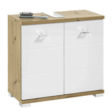 White gloss and oak bathroom cabinet with chrome handles and U-shaped top cutout