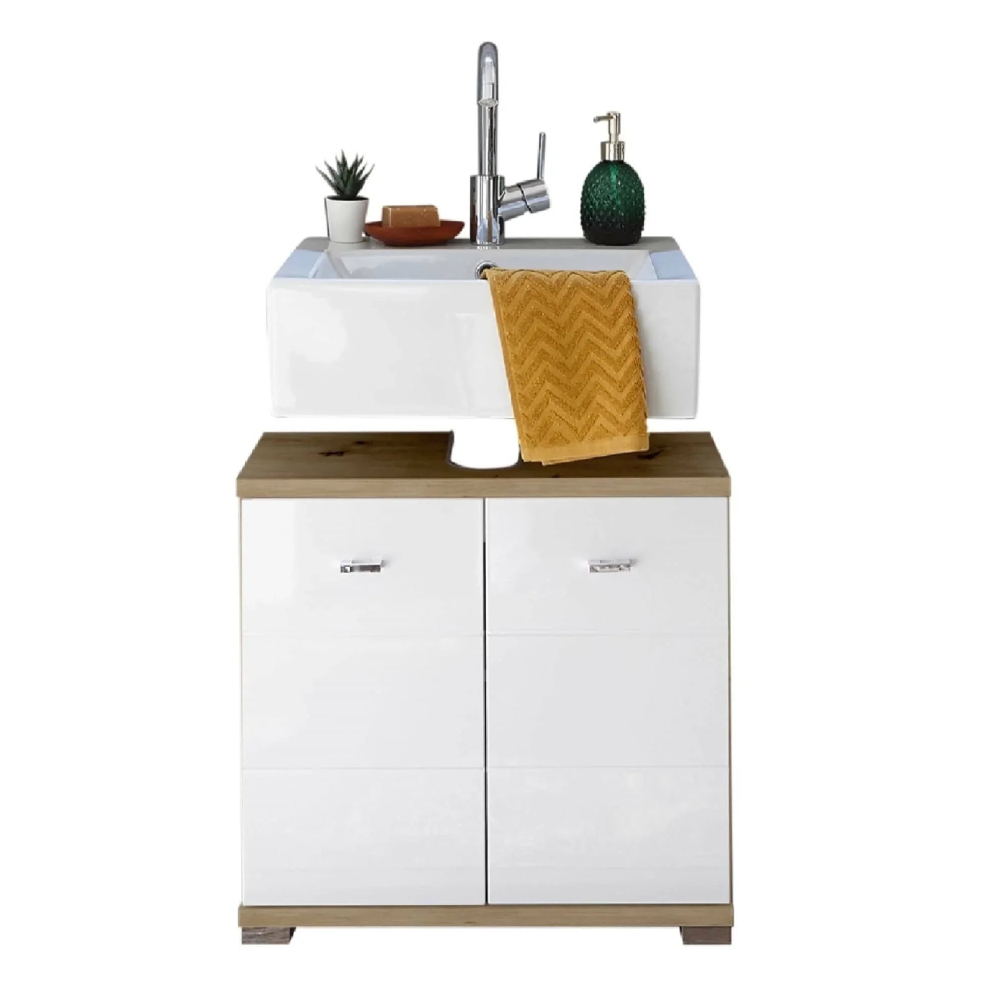 White bathroom vanity unit with sink, wood top, chrome tap and storage drawers