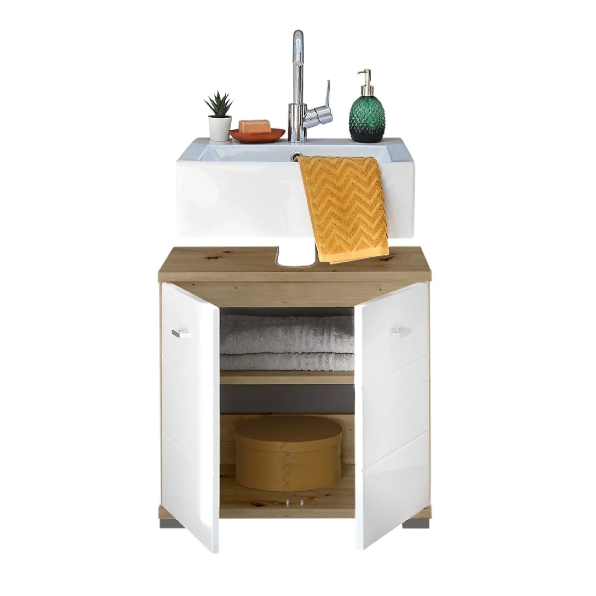 Bathroom sink cabinet with white doors, wood top, open storage shelf and decor items
