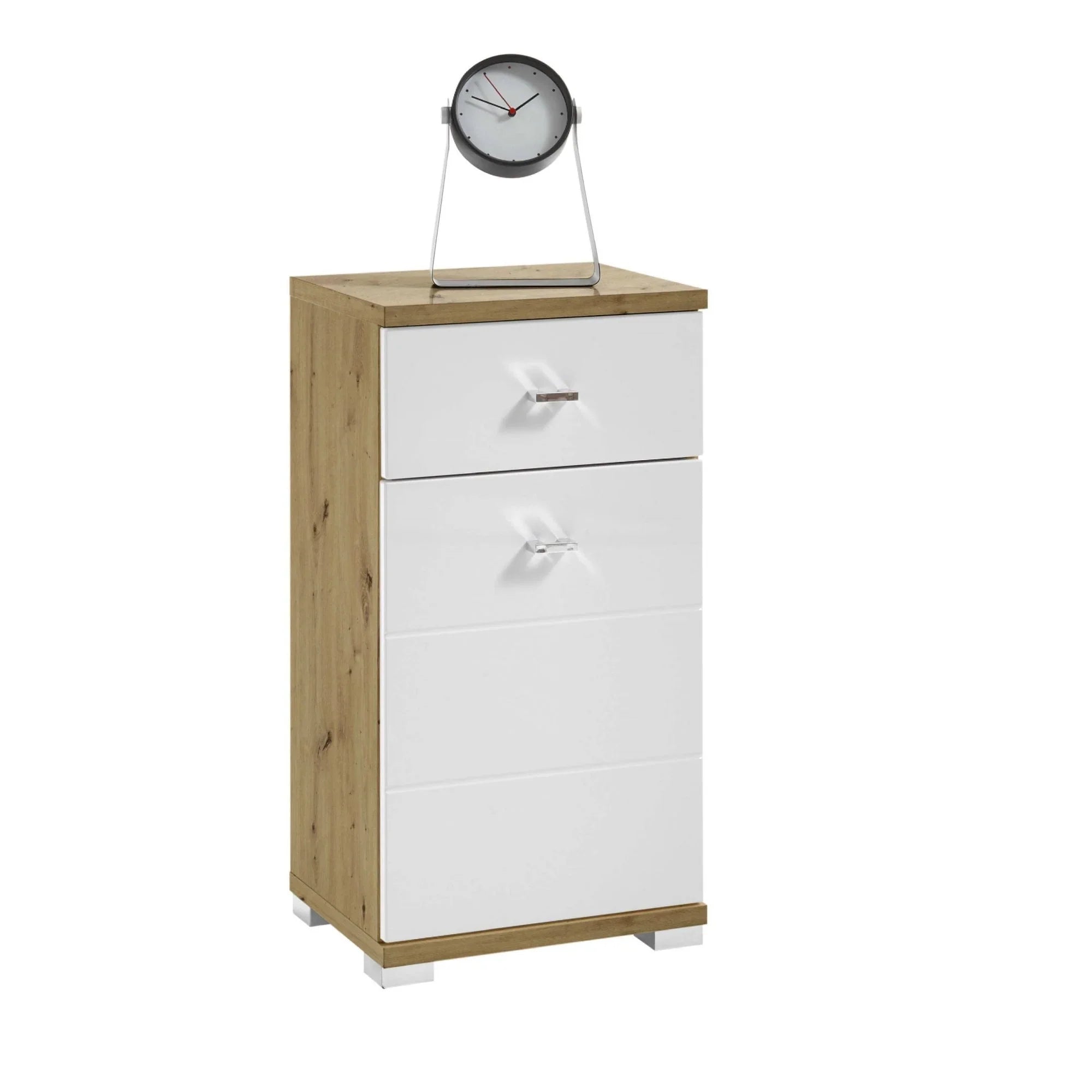 White and oak narrow chest of drawers with round tabletop clock