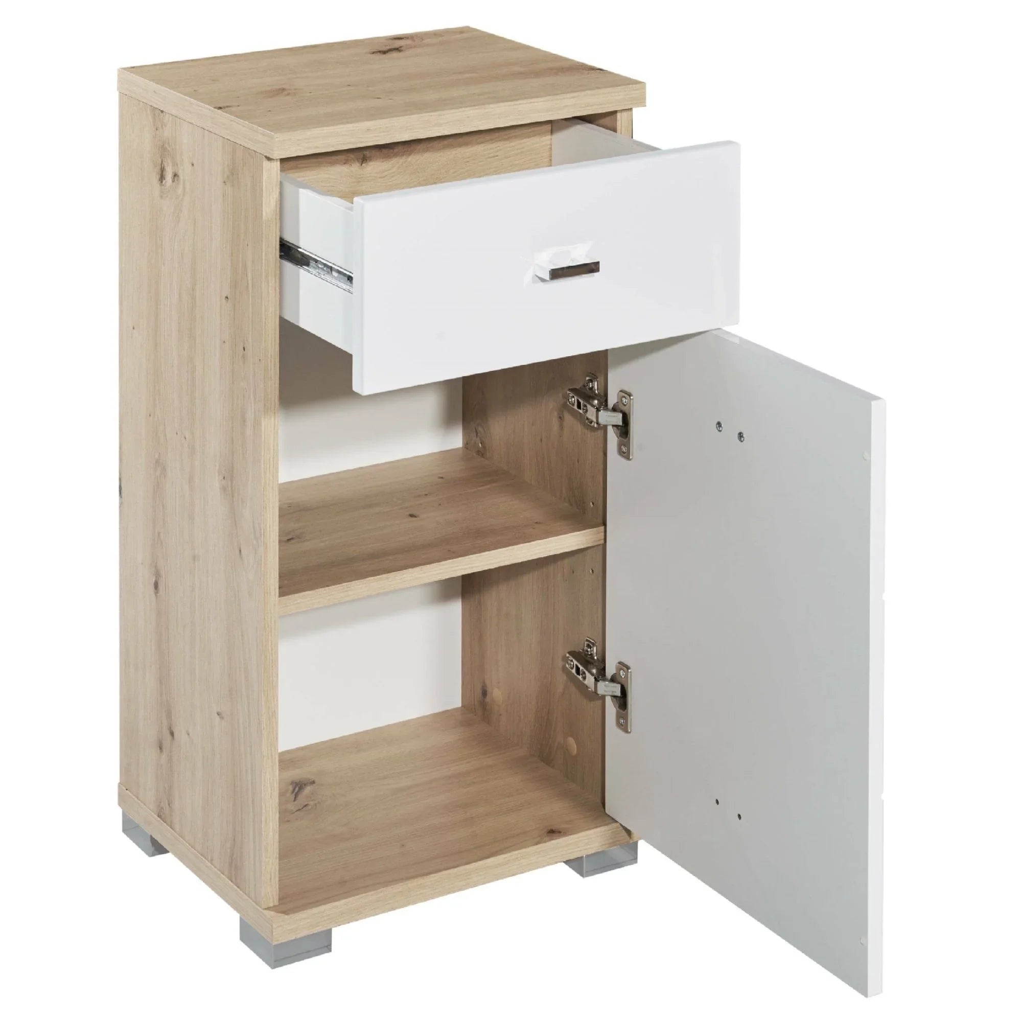 Oak effect bedside cabinet with white drawer and single door open, showing storage shelves