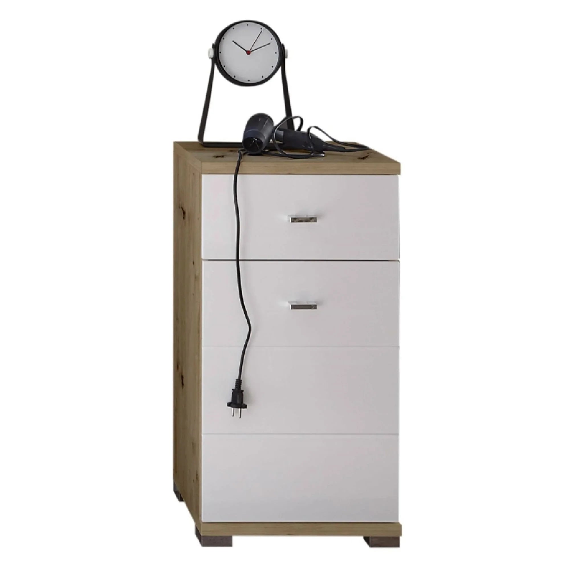Modern white bedside cabinet with wood trim, three drawers, clock and hairdryer on top