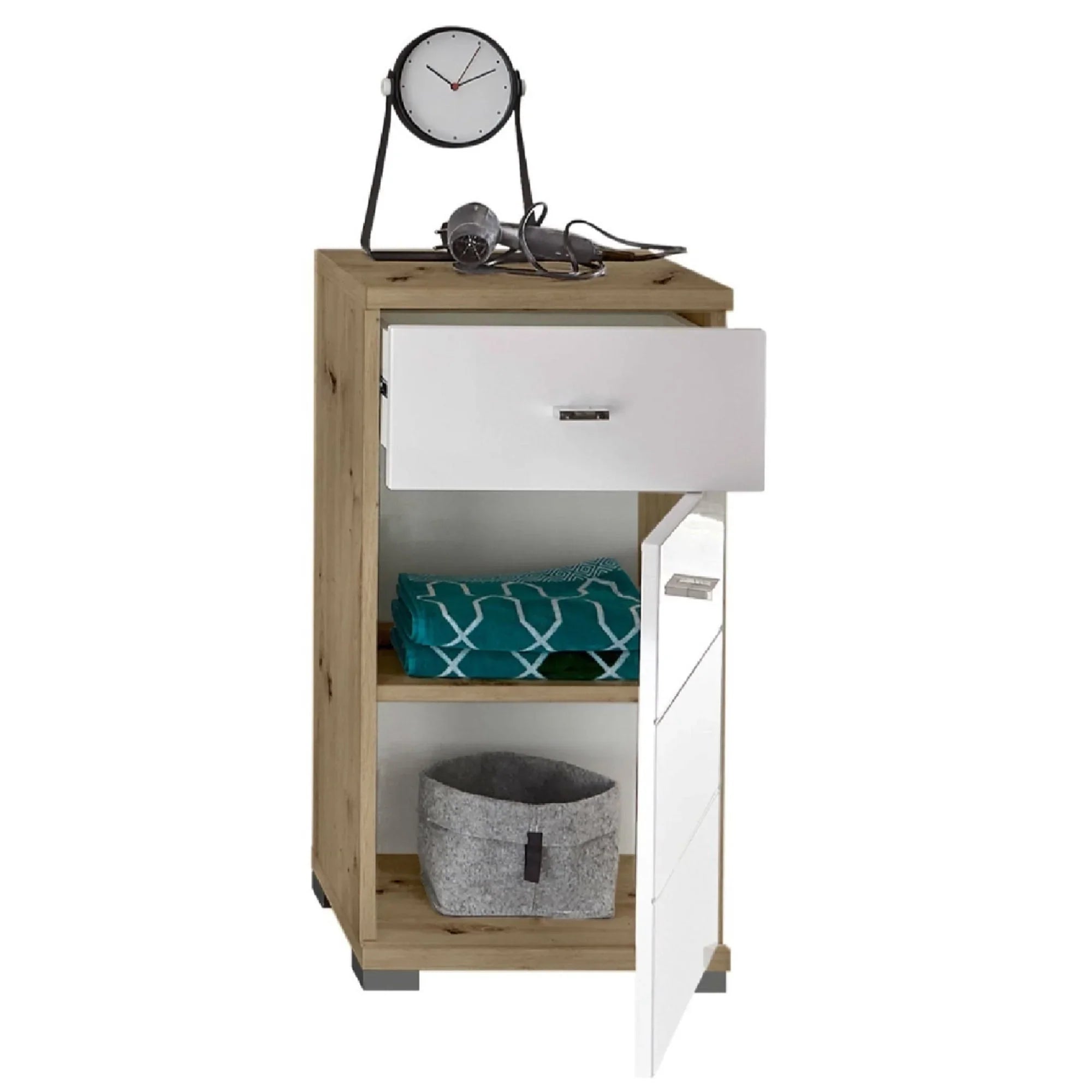Wood and white storage cabinet with open drawer, open door, shelves, and tabletop clock