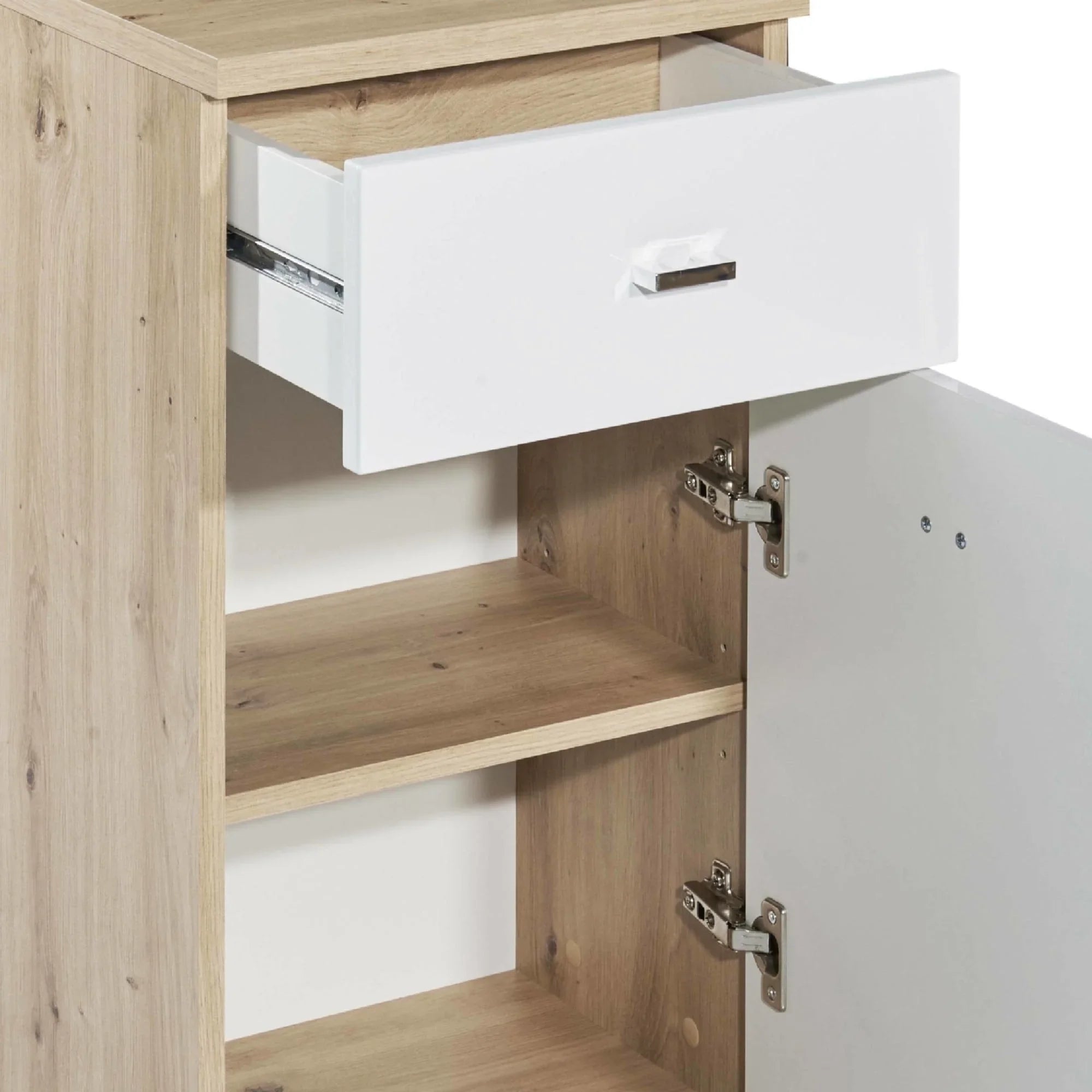 Oak effect cabinet with open white drawer and door showing interior shelves