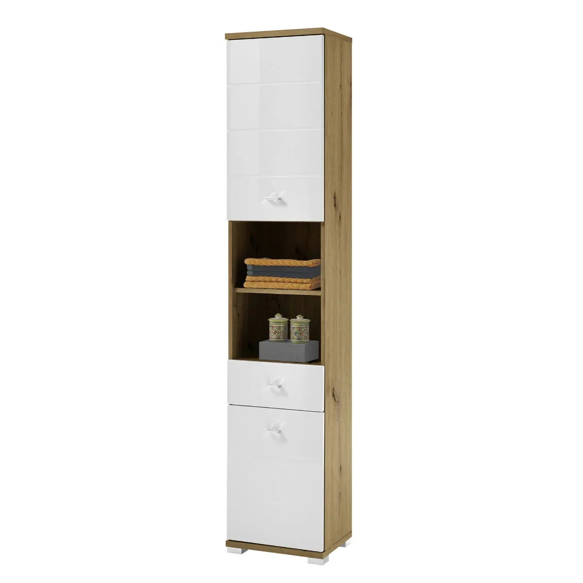 Tall cabinet with white doors, wood frame, open shelves holding towels and jars
