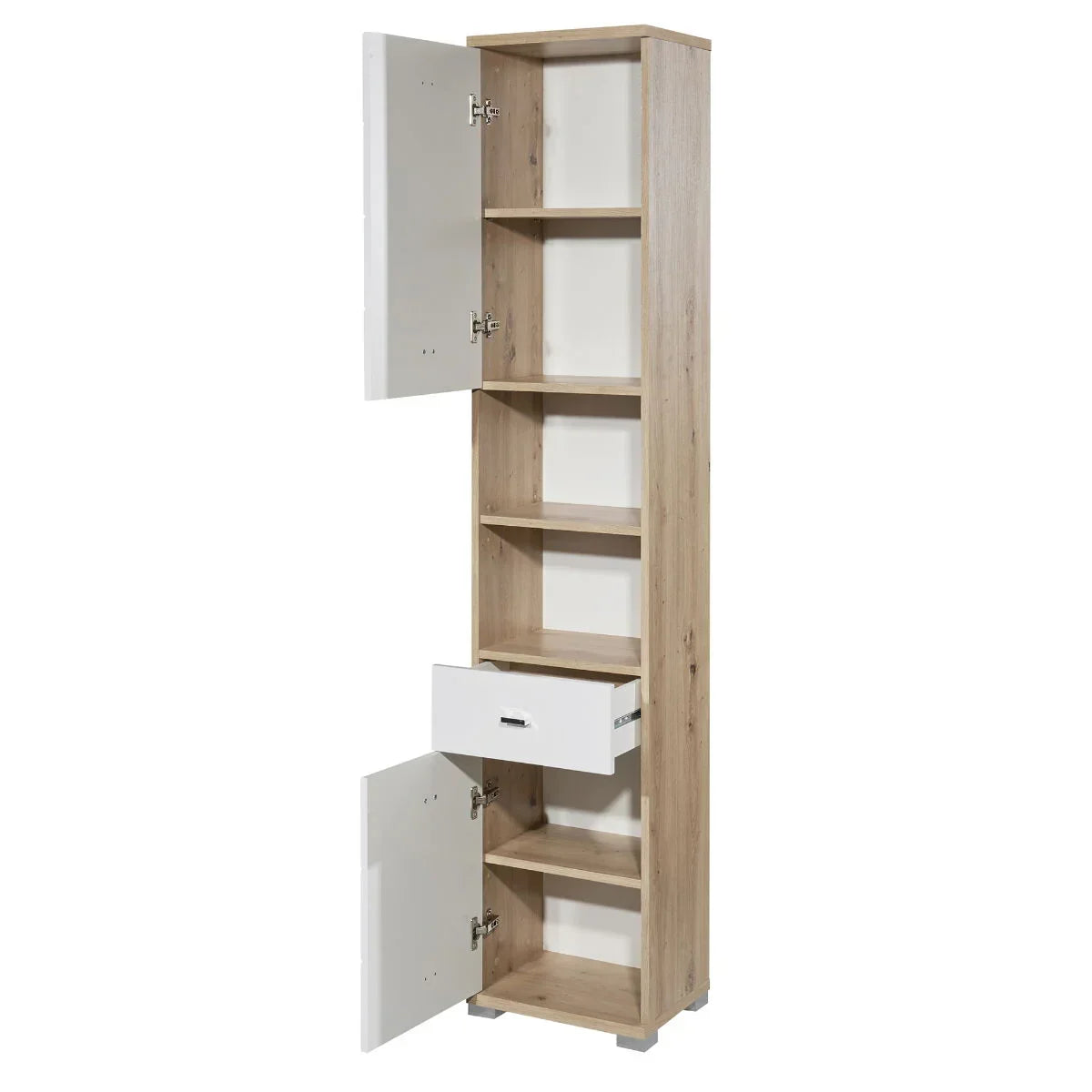 Tall wood and white storage cabinet with open doors and shelves, single central drawer