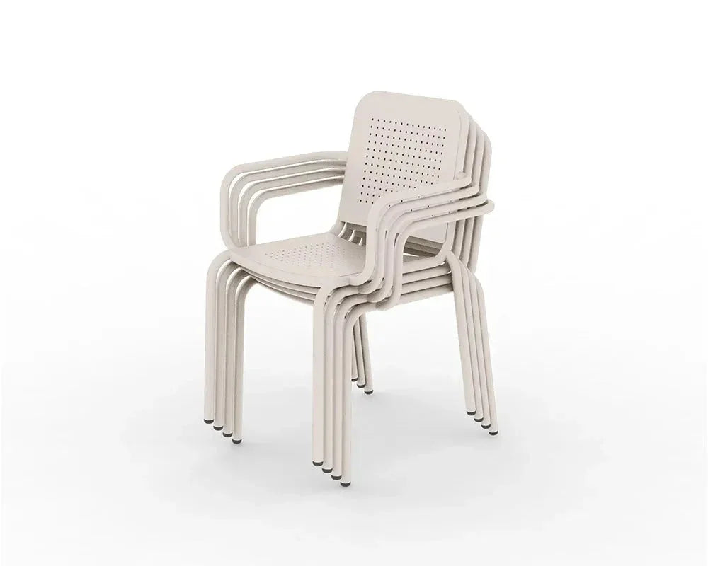 Champagne stackable plastic chairs with armrests and perforated seats, side view