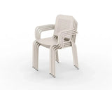 Champagne stackable plastic chairs with armrests and perforated seats, side view