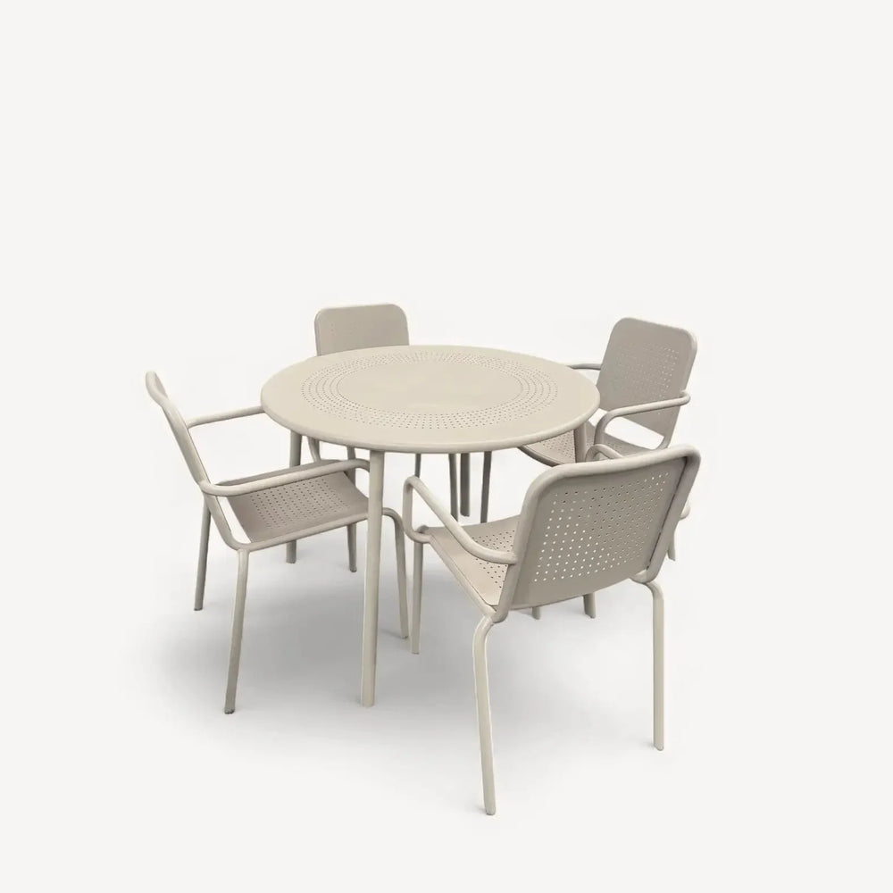 Champagne outdoor dining set with round table and four matching chairs